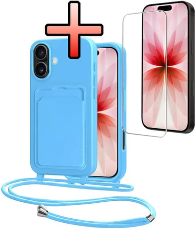 Hoes Geschikt voor iPhone 17 Hoesje Pasjeshouder Cover Met Koord Case Siliconen Hoes Met Telefoonkoord en Kaarthouder Met Screenprotector - Lichtblauw