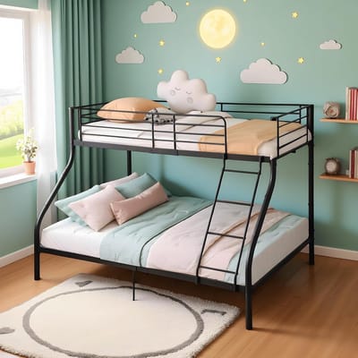 Ruimtebesparend Stapelbed voor 2-3 Personen | Hoogslaper 140 x 200 cm | Metalen Bedframe Zwart