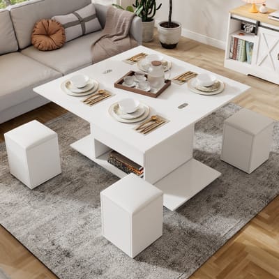 Wishdor Salontafel 100x100x63.5 cm van spaanplaat, in hoogte verstelbaar, wit, modern multifunctioneel ontwerp