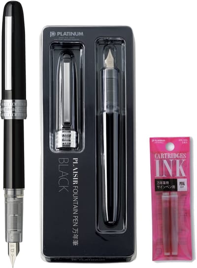 Platinum Japan - Plaisir Fountain Pen - FIJN - Vulpen - Zwart - penpunt: fijn 03 - Met extra navullingen Roze