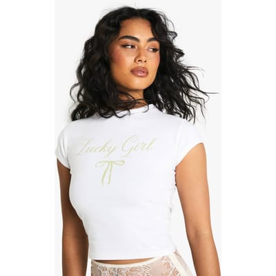 boohoo Dames Sint-patrick's Day Gelukkig Meisje Strik Print Baby T-shirt | White | Maat: Medium