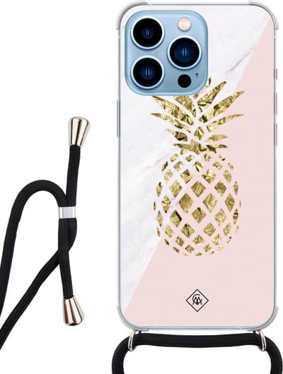Casimoda® hoesje met koord - Geschikt voor iPhone 13 Pro Max - Ananas - Afneembaar koord - Siliconen/TPU - Roze