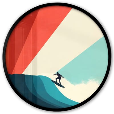 Poster in lijst Rond - Fotolijst 40x40 cm - Posters - Surfer - Abstract - Golven - Zonnestralen - Ronde posterlijst zwart - Decoratie - Wanddecoratie woonkamer - Muurdecoratie slaapkamer