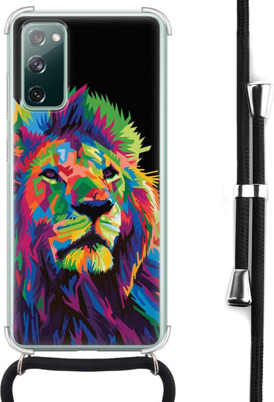 Hoesje met koord - Geschikt voor Samsung Galaxy S20 FE - Leeuw pop art - Verstelbaar zwart koord - Crossbody - Print / Illustratie - Zwart, Transparant, Multi - Leuke Telefoonhoesjes