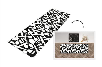 Keukenloper - Loper keuken - Bestek - Patronen - Zwart Wit - 150x50 cm - Keukenloper vinyl