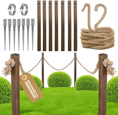 BOGATECO houten hek met jute touw | Zeilhek 12 m | 13 verschillende lengtes | Inclusief montagekit