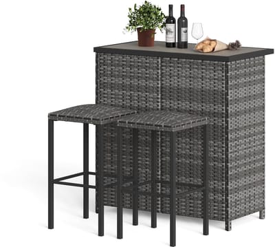 Tuin Bistroset 3-delig - Barkrukken Set van PE Rattan met Tafel en 2 Barkrukken - Ruimtebesparend - DPC Tafelblad - Voor Balkon, Keuken, Tuin - Grijs