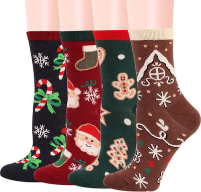 4 paar Kerst Sokken | Koekhuisje, koekemannetje, zuurstok en kerstman | Dames/Meisjes 35/39