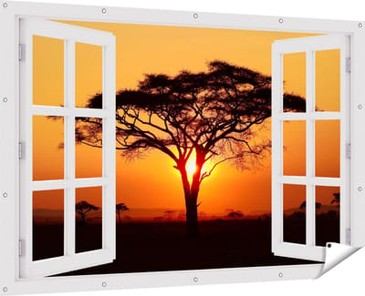 Gards Tuinposter Doorkijk Zonsondergang Achter een Savanne Boom - 180x120 cm - Tuindoek - Tuindecoratie - Wanddecoratie buiten - Tuinschilderij