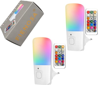 Fienosa Nachtlampje Stopcontact – 2 Stuks – Met Afstandsbediening – Dimbaar & Timer – Multi Kleur RGB & Warm Wit – Voor Kinderkamer & Baby