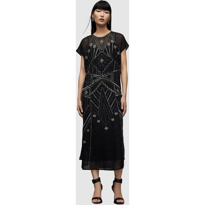 AllSaints Etta Emb Dress Black Maat: 12 | Midi Jurken Outlet | Dames | Zwart