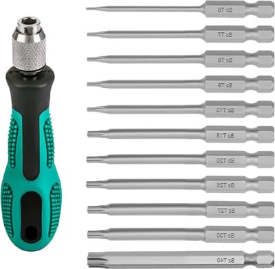 12-delige Torx Bit Set met Handgreep, Lange 75mm Torx Schroevendraaiers T6-T40, Magnetische S2 Staal Schroevendraaiers voor Precisiewerk