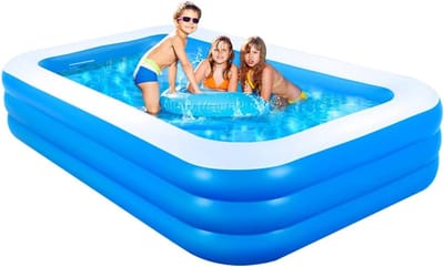 Opblaasbaar Zwembad 205 x 125 x 50 cm - Rechthoekig Familiezwembad met 3 Ringen - Groot Peddelbad voor Kinderen, Peuters en Volwassenen, Binnen, Buiten, Tuin en Zomer
