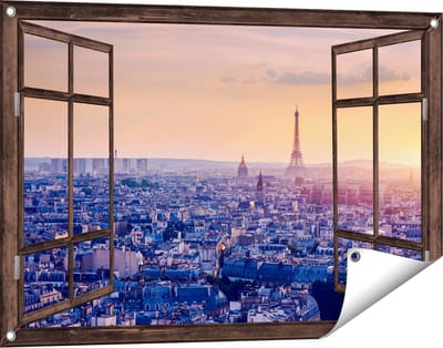 Gards Tuinposter Doorkijk Skyline van Parijs tijdens Zonsondergang - 90x60 cm - Tuindoek - Tuindecoratie - Wanddecoratie buiten - Tuinschilderij