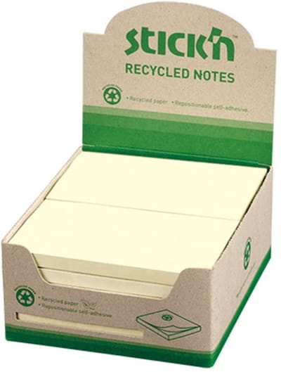 Stick'n recycled sticky notes - 76x127mm, pastel geel, 100 sheets 1 note - doos 12 stuks.