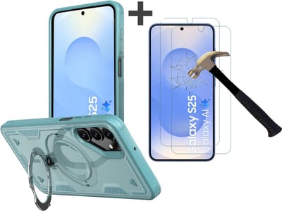 Hoesje Geschikt voor Samsung Galaxy S25 met 2 Stuks gehard glas Screenprotectors - Armor hoes met Ringhouder - Arara backcover - Lake Blauw