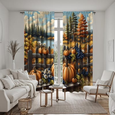 2 pièces HD extérieur automne bord de rivière citrouille fruit rideau décoratif Jaune cravate rideau imprimé numérique style décoration de maison d W52H63inchW132H160cm gray