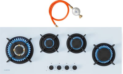 Klarstein Goldflame 4 Slim gaskookplaat, 4 messing branders, 3,4 kW, 2,4 kW, 1,8 kW, 1 kW, SnapJet-ontsteking, vlamuitvalbeveiliging, vloeibaar en aardgas, wit, incl. slang en drukregelaar