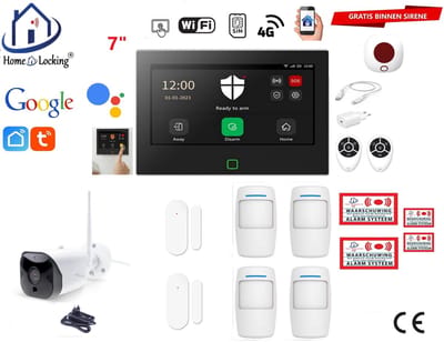Draadloos / bedraad alarmsysteem met 7-inch touchscreen voor woning/camper/boot/caravan werkt met wifi en sim kaart en met spraakgestuurde apps. (Nederlands of Frans stem en tekst). ST01B-32