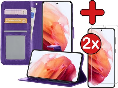 Hoesje - Met 2x Screenprotector - Geschikt voor Samsung Galaxy S21 - Luxe Pasjeshouder - Flip Case - Bookcase Portemonee - Kunstleer Book Case - Flipcase Hoes - Book Cover - Walletcase - Portemonneehoes - Telefoonhoes - Paars