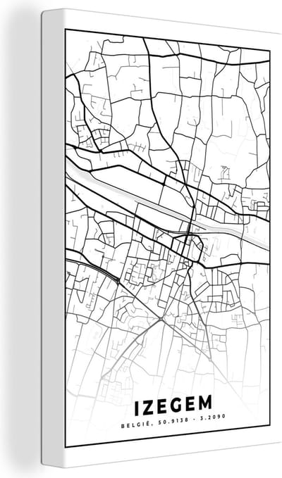 Canvas Schilderij België – Izegem – Stadskaart – Kaart – Zwart Wit – Plattegrond - 20x30 cm - Wanddecoratie