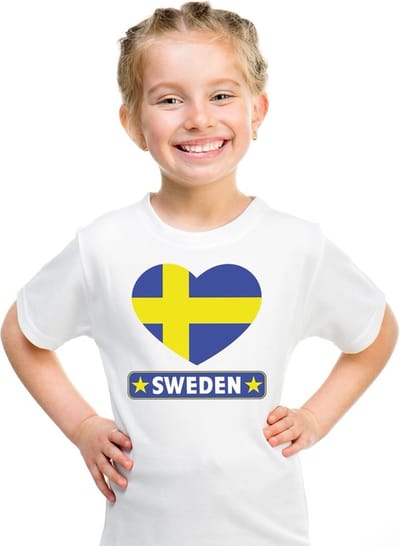 Zweden Supporters t-shirt - kinderen - hartjes vlag - wit - korte mouwen - sport - kleding 110/116
