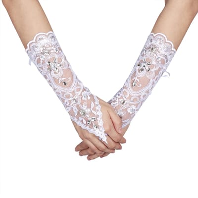 Style Vintage Ivoire Dentelle Fleur Mariée Mariage Strass Sexy Gants Sans Doigts Mariage Ivoire white