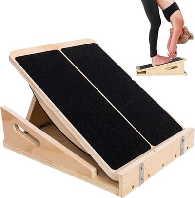Verstelbare houten schuine plank voor kuitrekken, kuitstrekker, mobiliteitsoefeningen en trainingsposter