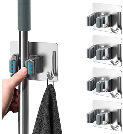 TOVBMUP Bezemhouder - Bezem Houder - Bezem Ophangsysteem - Tuingereedschap - Zelfklevend - RVS - Zilver - 4 stuks