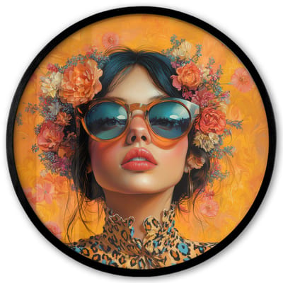 Poster in lijst Rond - Fotolijst 40x40 cm - Posters - Vrouw - Bloemen - Aesthetic - Oranje - Ronde posterlijst zwart - Decoratie - Wanddecoratie woonkamer - Muurdecoratie slaapkamer