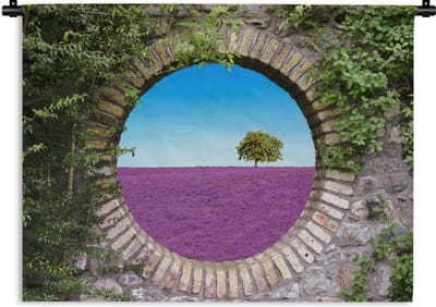Wandkleed - Wanddoek - Lavendel - Doorkijk - Bloemen - Zomer - 120x90 cm - Wandtapijt