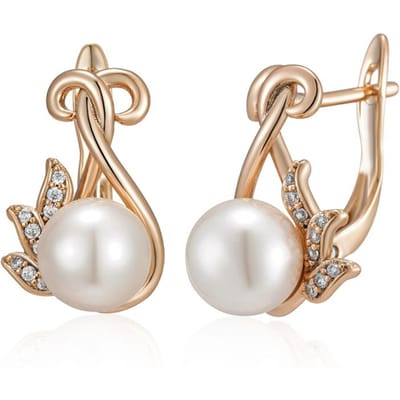 Luxe Kristallen Bloem Parel Hangende Oorbellen Voor Vrouwen Trendy Rose Goud Kleur Met Natuurlijke Zirconia Dagelijkse Fijne Sieraden beige