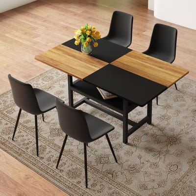 Een rechthoekige eettafelset van 160 cm met multifunctioneel opbergvak en 4 zwarte eetkamerstoelen van PU-materiaal met brede zitkussens, geschikt voor de woonkamer, eetkamer, keuken, enz.