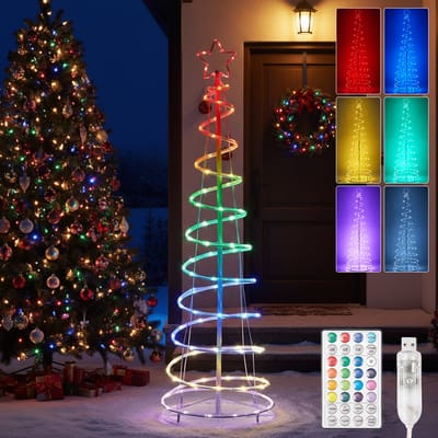 MUPOO Spiraalvormige Kerstboom voor buiten - 1,8m - 135 LEDs - met Afstandsbediening - 12 modi - Timer - RGBW Kerstverlichting buiten - Opvouwbaar - Voor kerstversiering - Tuin - Huis - Kantoor