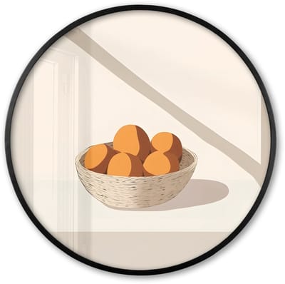 Poster in lijst Rond - Fotolijst 60x60 cm - Posters - Mand - Fruit - Minimalistisch - Oranje - Ronde posterlijst zwart - Decoratie - Wanddecoratie woonkamer - Muurdecoratie slaapkamer