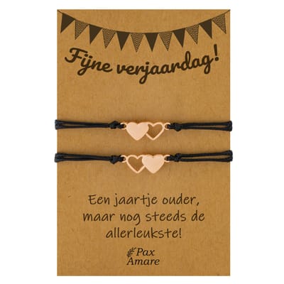 Vriendschapsarmbandjes voor 2 "Fijne Verjaardag" - Hartjes - BFF Armbandjes met Cadeau Kaartje - Rosé Goud & Zwart - Elastisch Verstelbaar - Pax Amare