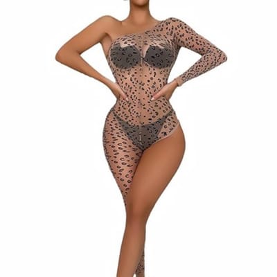 Luipaardprint catsuit met asymmetrisch ontwerp - Elastisch net lingerie bodystocking voor dames