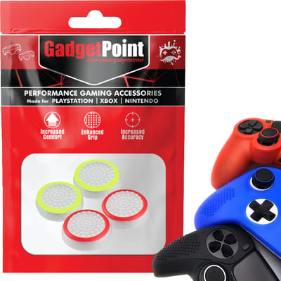 Gadgetpoint - Thumb Grips voor PlayStation, PS5, Xbox X/S, One & Switch Pro Controller - Gaming Thumbgrips - Performance Anti-Slip Thumbsticks - Bescherming Accessoires - Wit Rood en Wit Lichtgroen