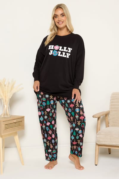 Yours Zwarte 'Holly Jolly' Wijde Pyjamaset Size 42-44