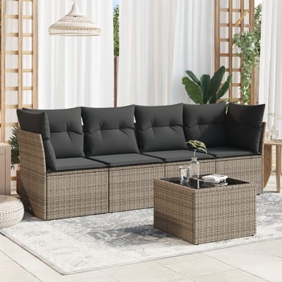 vidaXL - 5-delige - Loungeset - met - kussens - poly - rattan - grijs