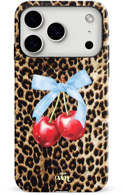xoxo Wildhearts Cherry Wild - Double Layer - Hard case geschikt voor iPhone 17 Pro hoesje - Dubbele beschermlaag - Beschermhoes shockproof case - Tijgerprint / Luipaardprint - Kers print - Dierenprint hoesje - Kersen Panterprint