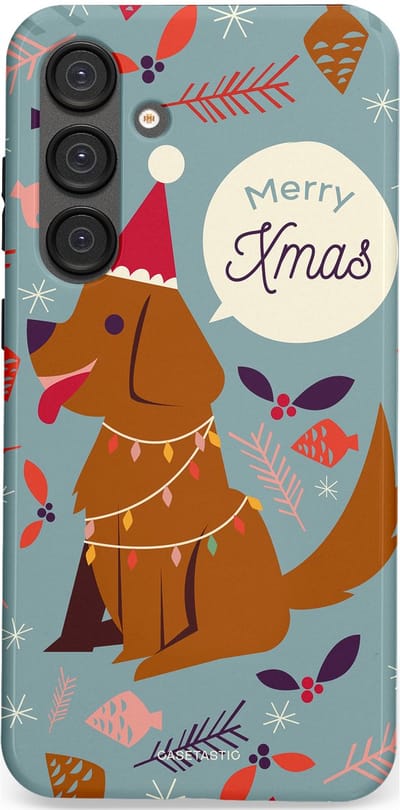 Casetastic hoesje geschikt voor Samsung Galaxy S25 Plus - Dubbellaagse bescherming - Merry Christmas Hond - Fashion Case - Zilver Bruin Saliegroen Rood