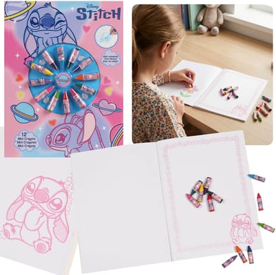 DISNEY Stitch Creatieve kleur- en schrijfset voor kinderen, notitieboekje + 12 mini-waskrijtjes
