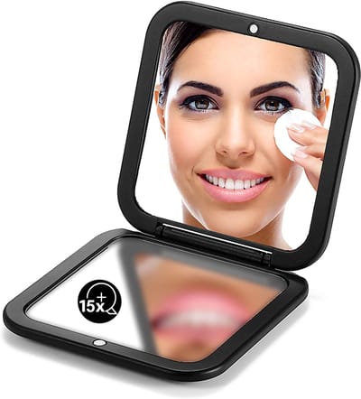 Opvouwbare compacte spiegel - Zakformaat handspiegel - Reismake-up - 1X 15X vergroting - 3.5 inch vierkant - Zwart