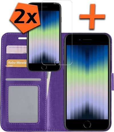 Hoes - Met 2x Screenprotector - Geschikt voor Apple iPhone SE (2022) - Luxe Pasjeshouder - Bookcase Portemonee - Flip Case - Kunstleer Book Case - Flipcase Hoes - Book Cover - Walletcase - PortemonneeHoes - Paars