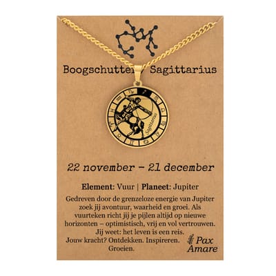 Boogschutter / Sagittarius Sterrenbeeld Ketting op Cadeau Kaartje - Goudkleurig - RVS - Spiritueel Cadeau - 60cm - Pax Amare