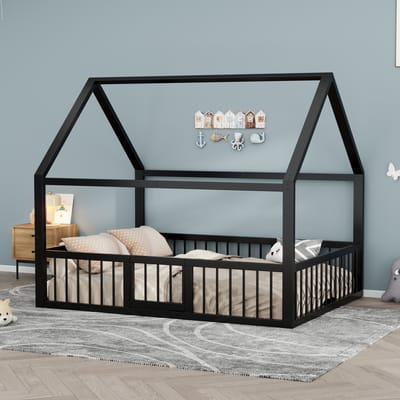 MODFU – Metalen Kinderbed – 140x200 cm – Dakvormig Ontwerp – Veiligheidshek & Deurtje – Zwart