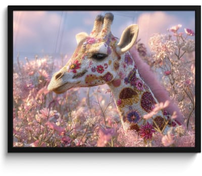 Poster in lijst - Fotolijst 80x60 cm - Posters - Giraffe - Bloemen - Roze - Posterlijst zwart - Decoratie - Wanddecoratie woonkamer - Muurdecoratie slaapkamer
