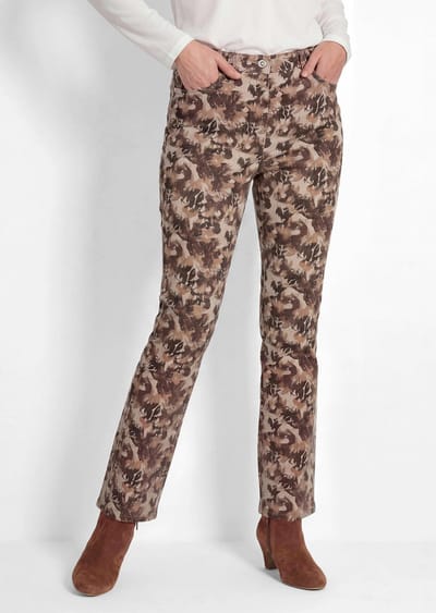 Broek LOUISA in jeanslook met bladerprint - beige / gedess. - Gr. 19 van Goldner Fashion