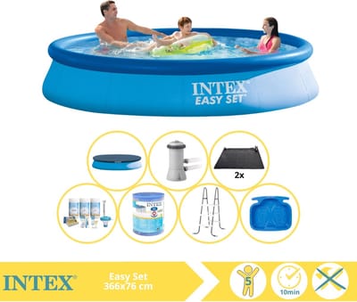 Intex Rond Opblaasbaar Easy Set Zwembad - 366 x 76 cm - Blauw - Inclusief Pomp - Afdekzeil - Onderhoudspakket - Filter - Solar Mat - Ladder - Voetenbad - 8-delig